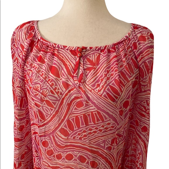 Trina Turk Silk Pink Red Tunic Blouse w/ Keyhole Opening - S - Picture 3 of 13